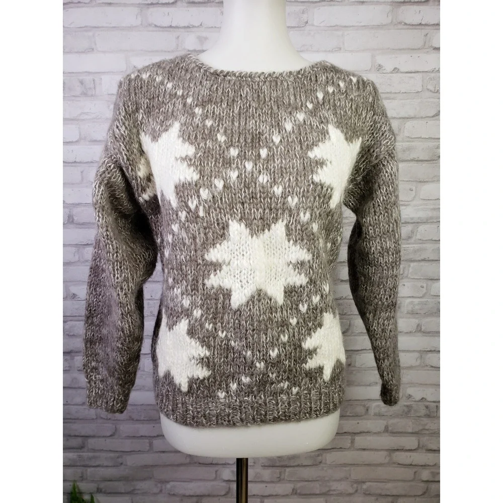 Vintage 1980s wool blend hand knit women's sweater quilt stars design - Small‎